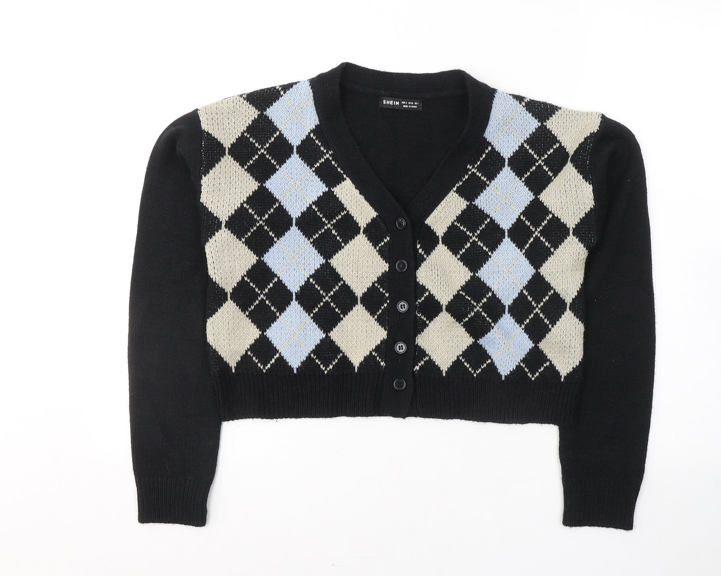 SheIn Womens Black V-Neck Geometric Acrylic Cardigan Jumper Size S