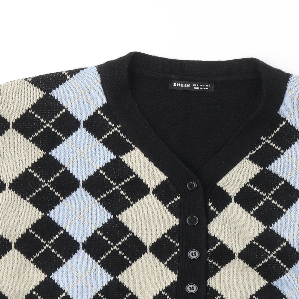 SheIn Womens Black V-Neck Geometric Acrylic Cardigan Jumper Size S