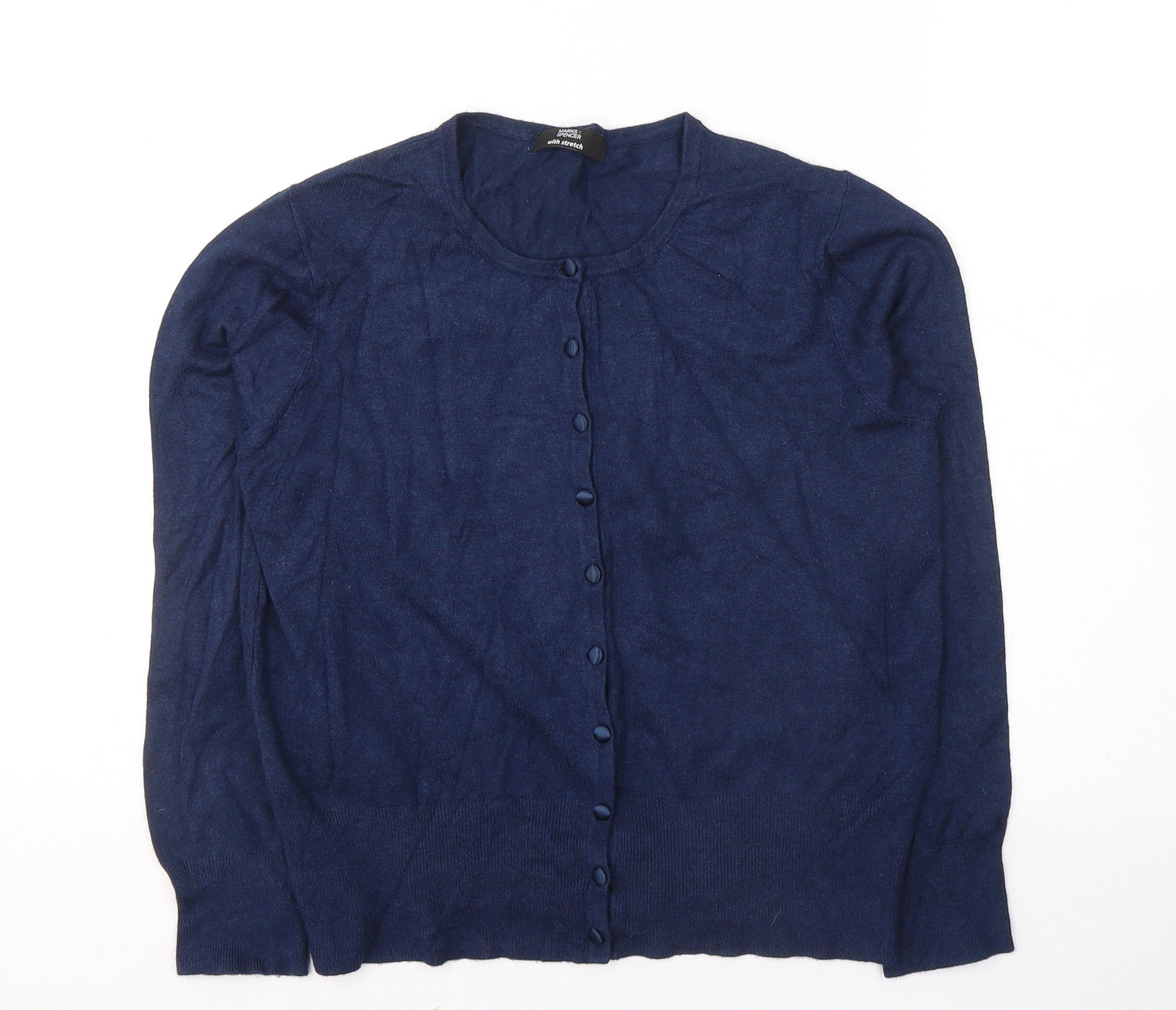 Marks and Spencer Womens Blue  Viscose Jersey Button-Up Size 14 Round Neck