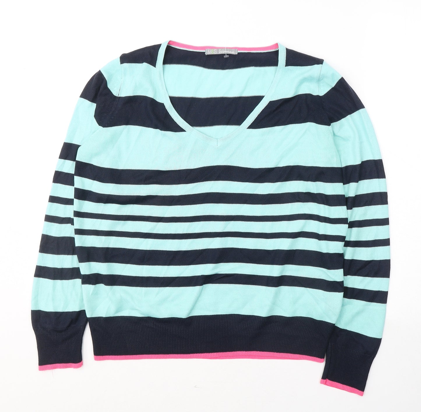 Marks and Spencer Womens Blue V-Neck Striped Acrylic Pullover Jumper Size 14