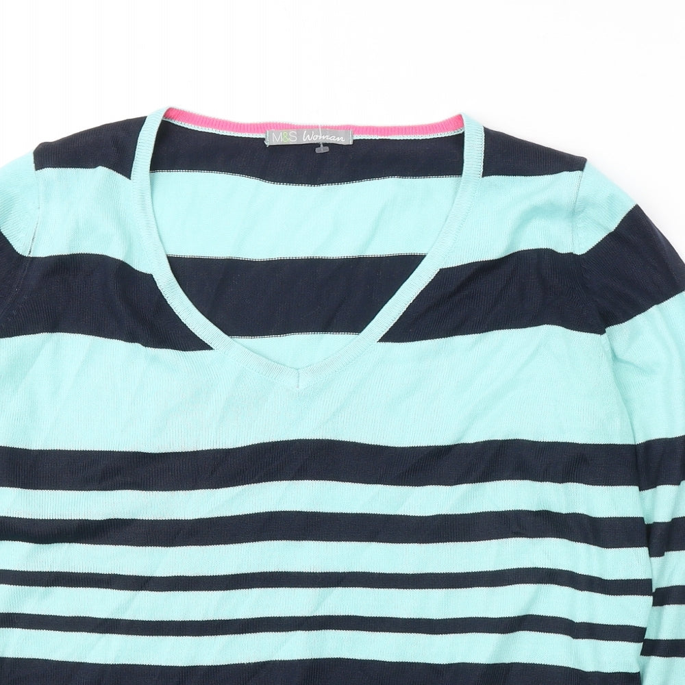 Marks and Spencer Womens Blue V-Neck Striped Acrylic Pullover Jumper Size 14
