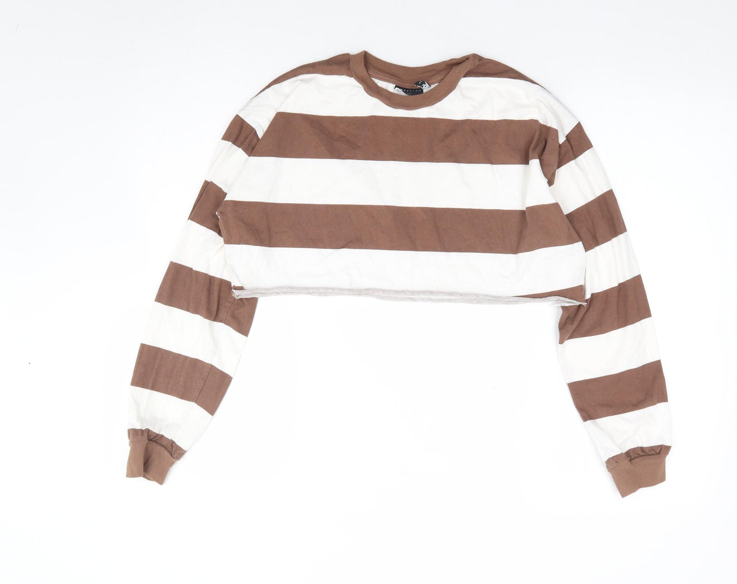ASOS Womens Brown Striped Polyester Cropped T-Shirt Size 10 Crew Neck