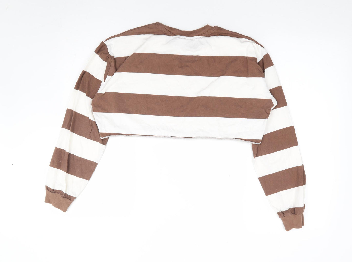 ASOS Womens Brown Striped Polyester Cropped T-Shirt Size 10 Crew Neck