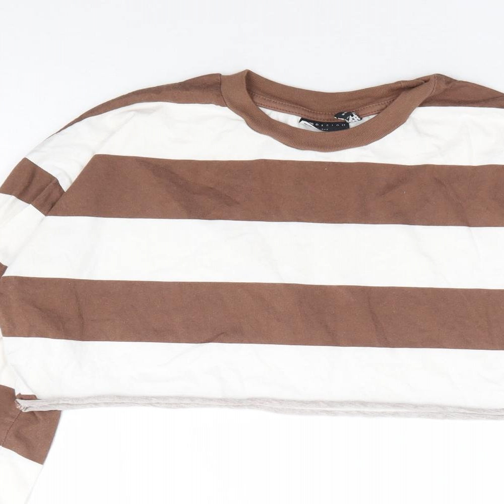 ASOS Womens Brown Striped Polyester Cropped T-Shirt Size 10 Crew Neck