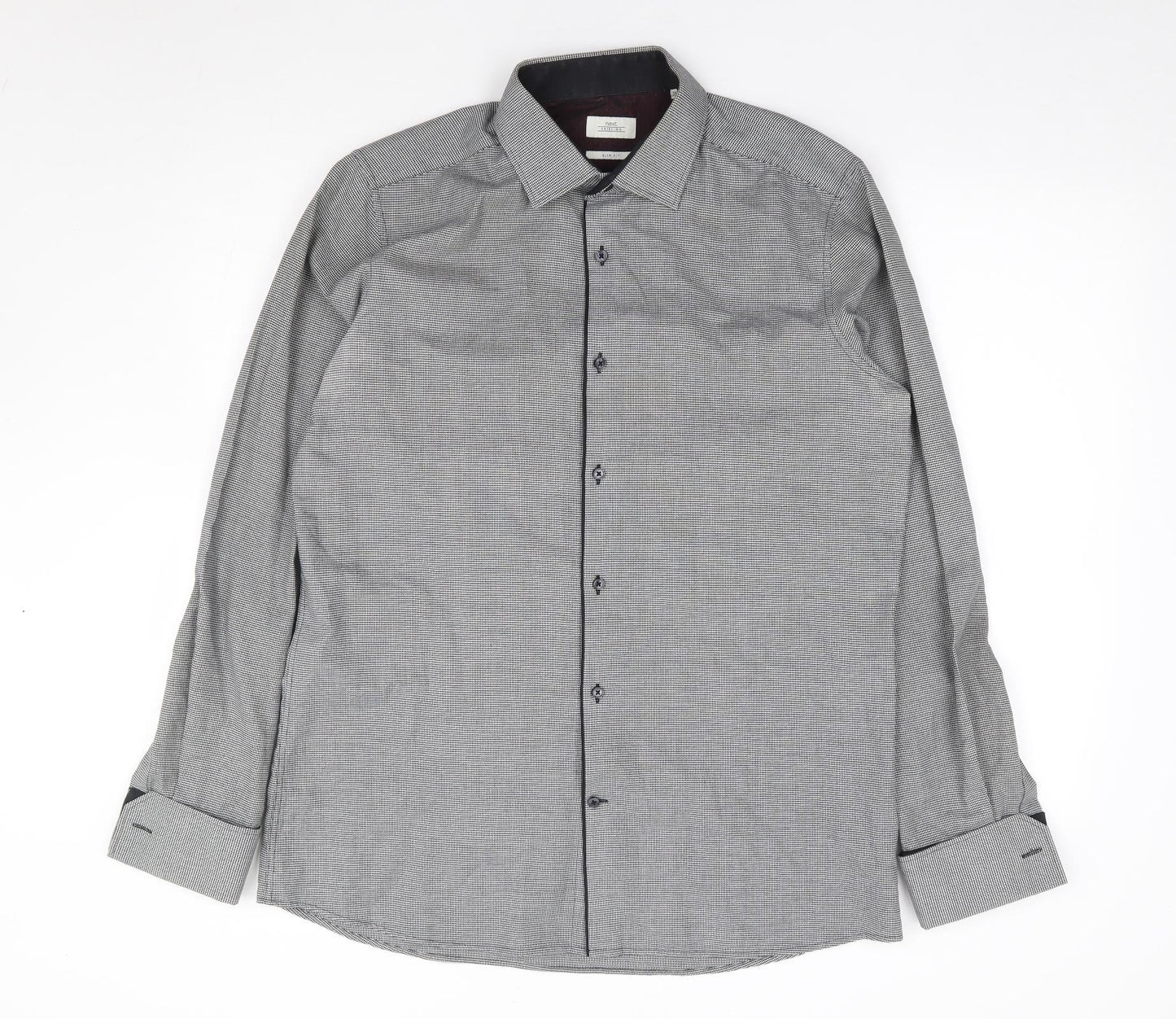 Next  Mens Black Herringbone Polyester  Dress Shirt Size 42 Collared Button