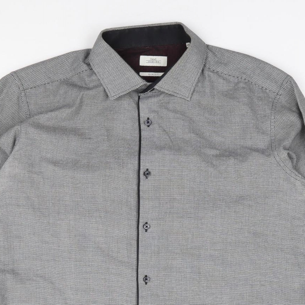 Next  Mens Black Herringbone Polyester  Dress Shirt Size 42 Collared Button