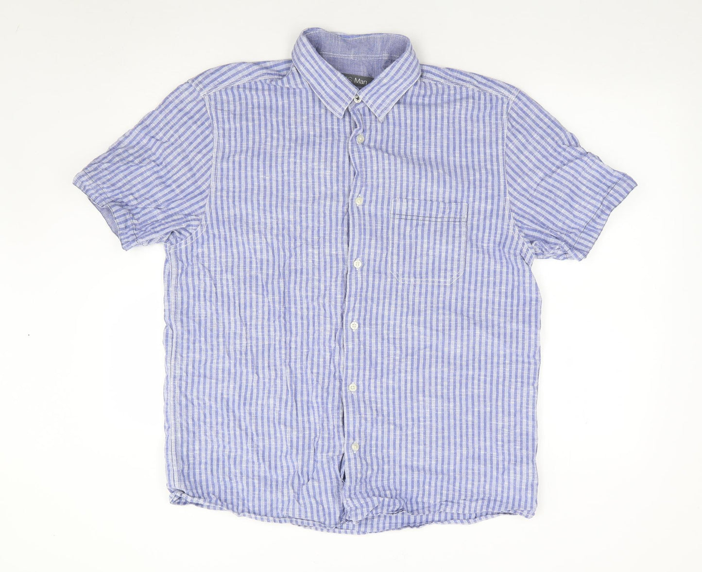 Marks and Spencer Mens Blue Striped Cotton  Button-Up Size L Collared Button
