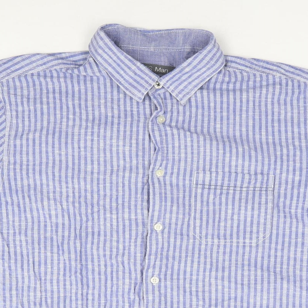 Marks and Spencer Mens Blue Striped Cotton  Button-Up Size L Collared Button
