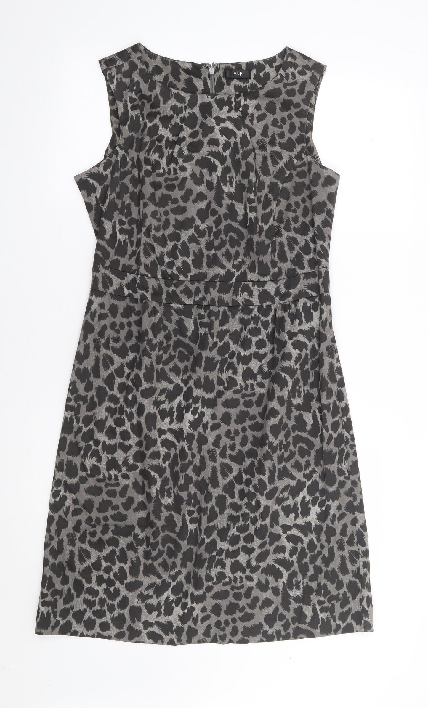 F&F Womens Grey Animal Print Cotton Pencil Dress  Size 12  Round Neck Zip