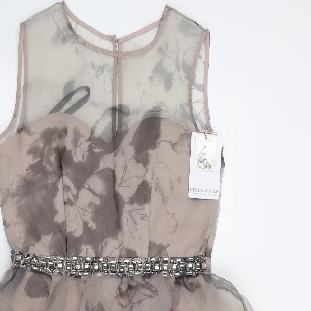 Little Mistress Womens Beige Geometric Polyester Ball Gown  Size 12  Round Neck Zip
