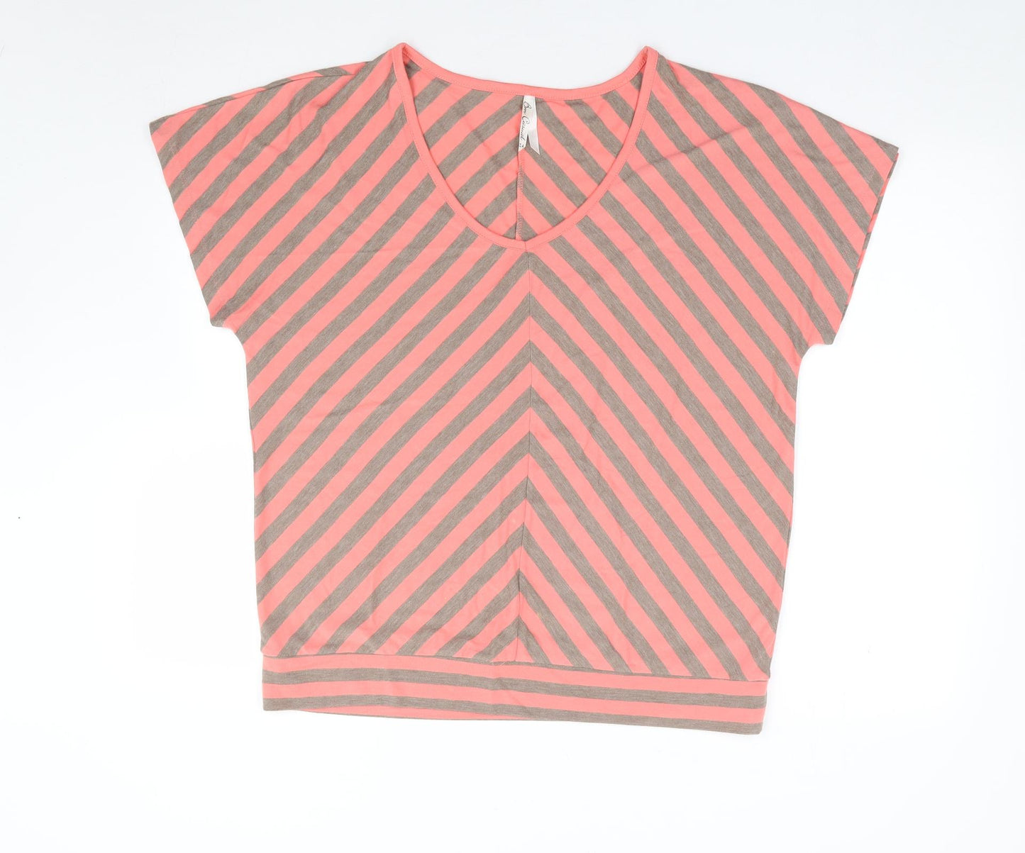 Bonmarche' Womens Pink Striped Polyester Jersey T-Shirt Size 14 V-Neck