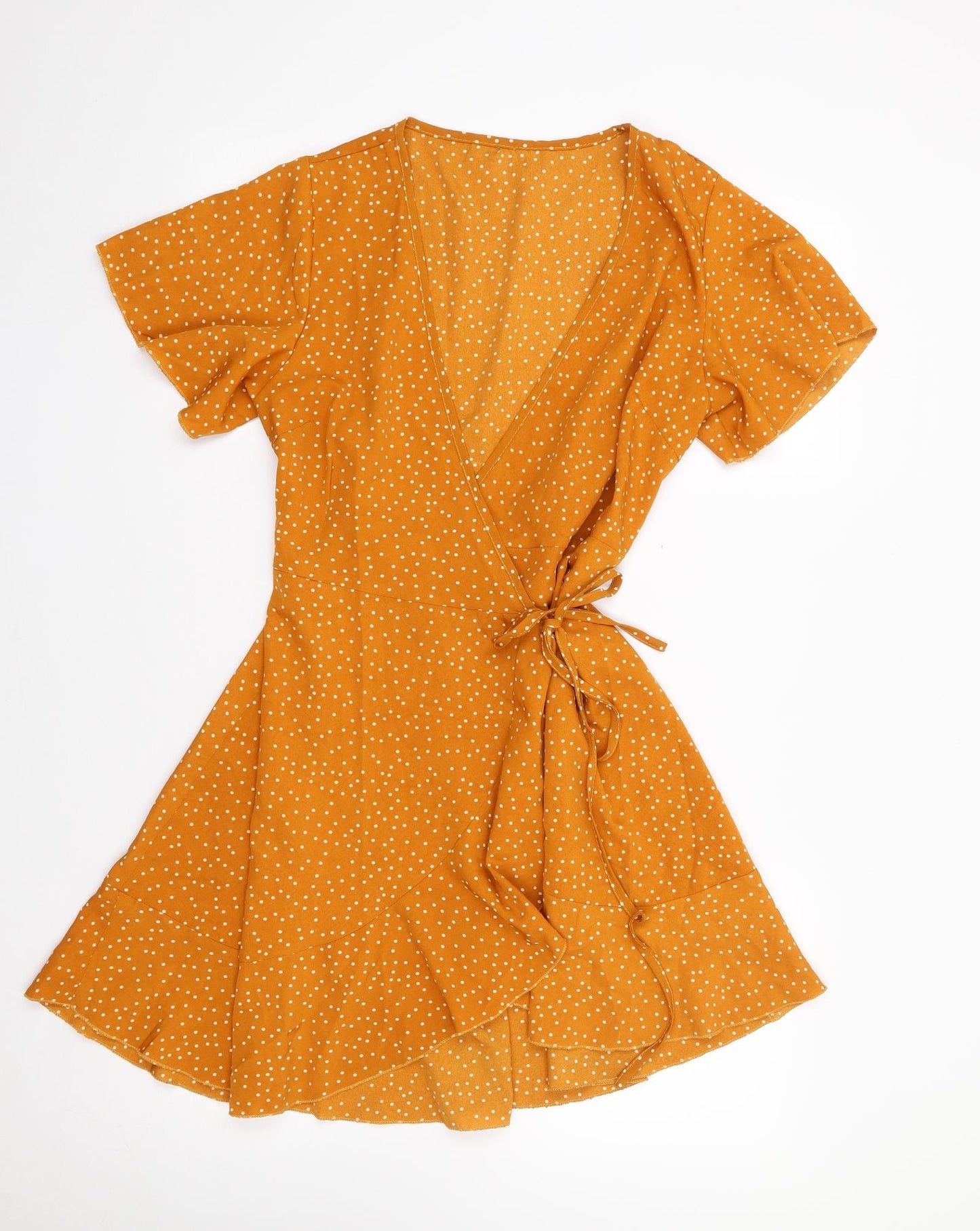 SheIn Womens Yellow Polka Dot Polyester Wrap Dress  Size M  V-Neck