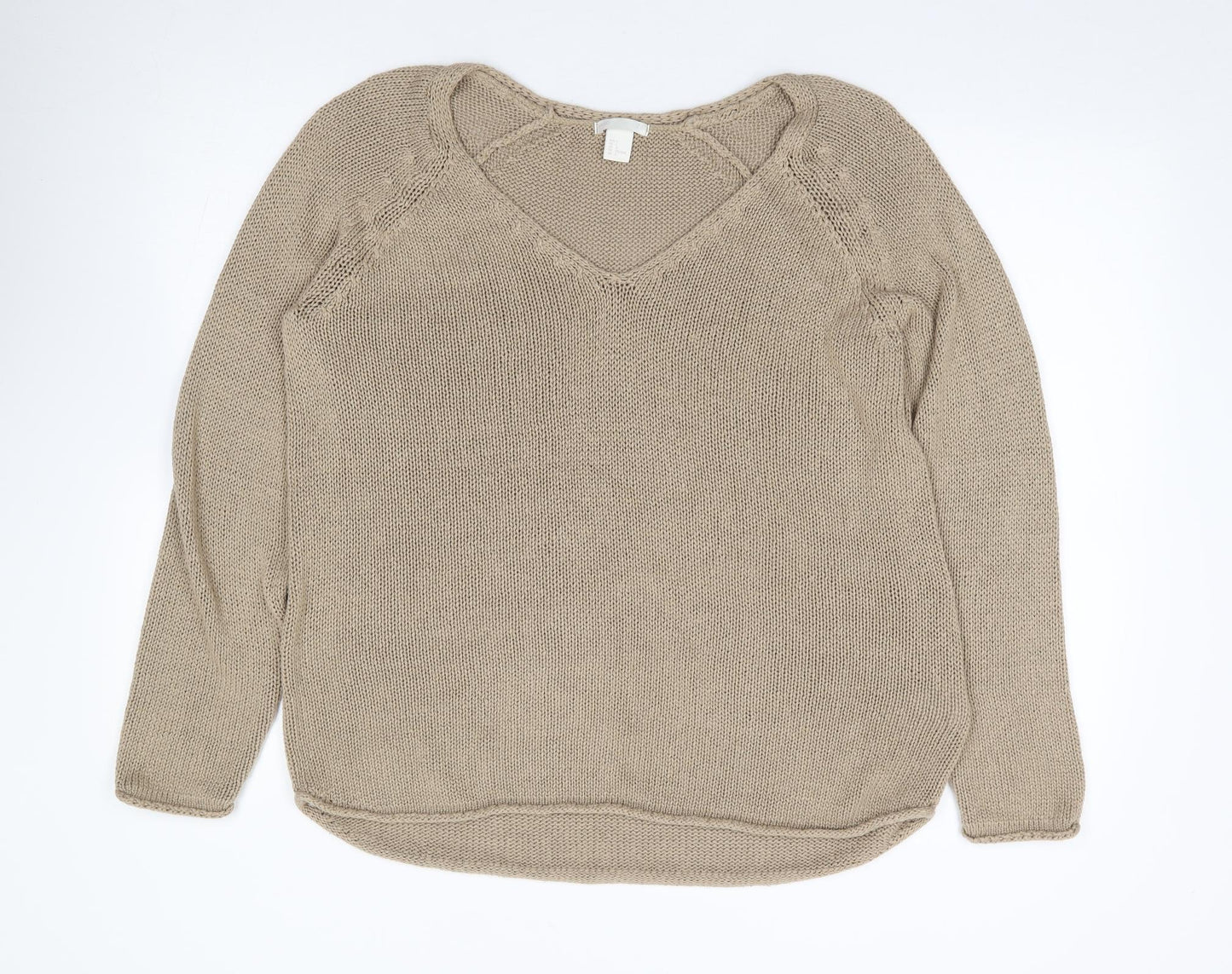 H&M  Womens Beige V-Neck  Acrylic Pullover Jumper Size L