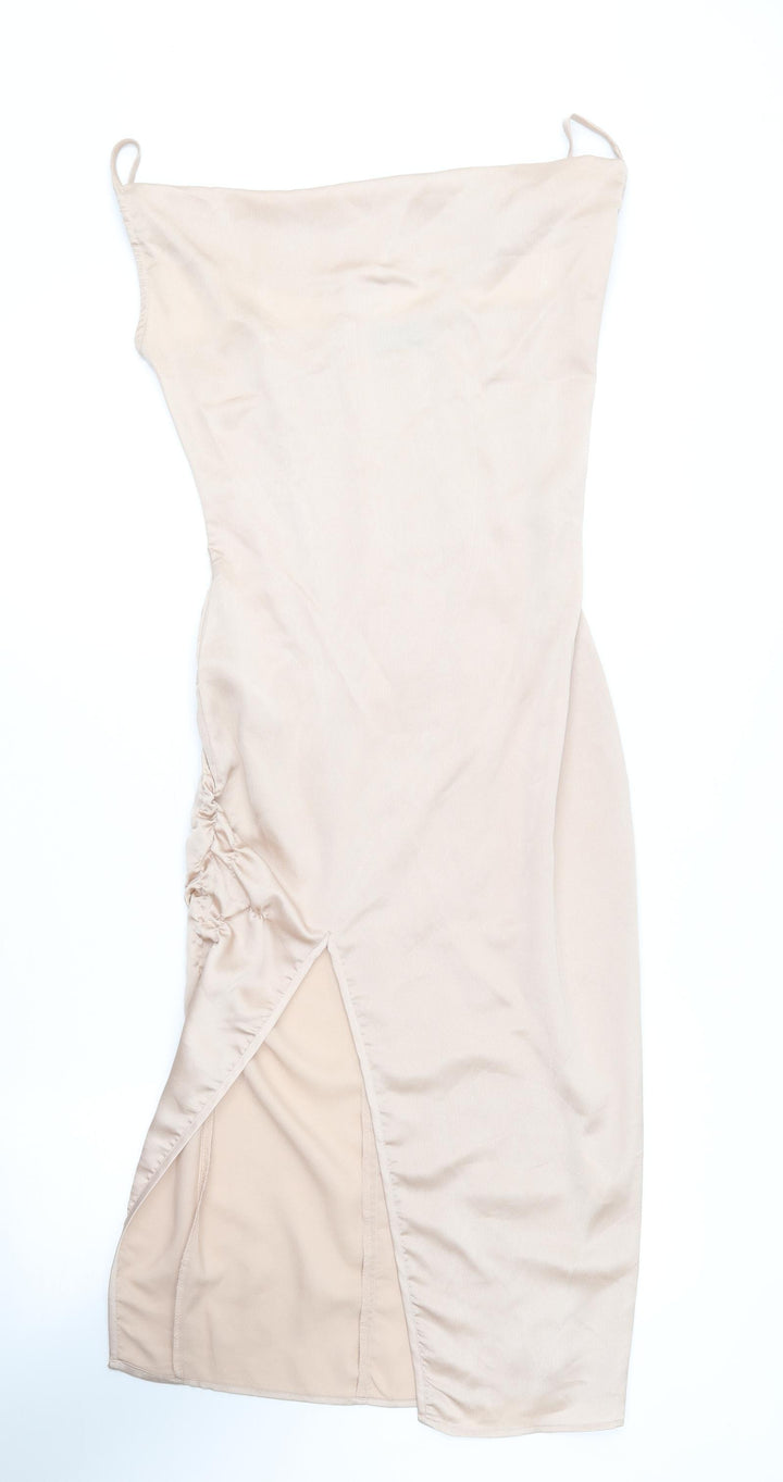 PRETTYLITTLETHING Womens Gold Polyester Slip Dress Size 4 Square Neck