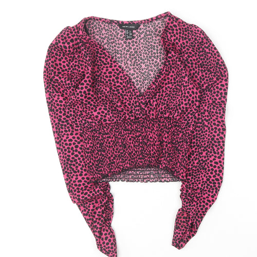 New Look Womens Pink Animal Print Polyester Basic Blouse Size 6 V-Neck