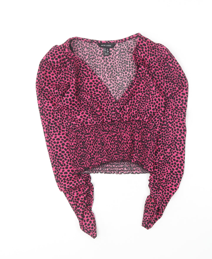 New Look Womens Pink Animal Print Polyester Basic Blouse Size 6 V-Neck
