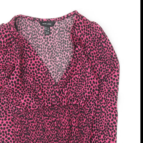 New Look Womens Pink Animal Print Polyester Basic Blouse Size 6 V-Neck