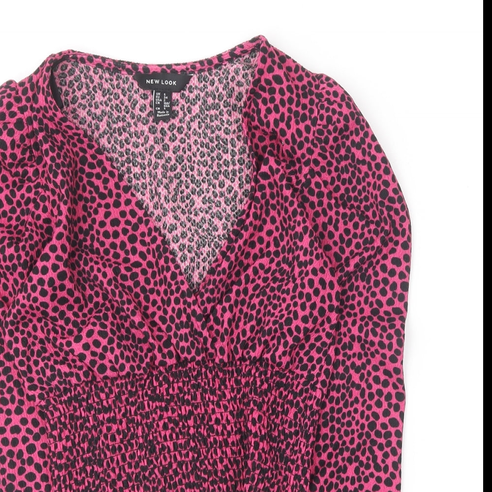 New Look Womens Pink Animal Print Polyester Basic Blouse Size 6 V-Neck