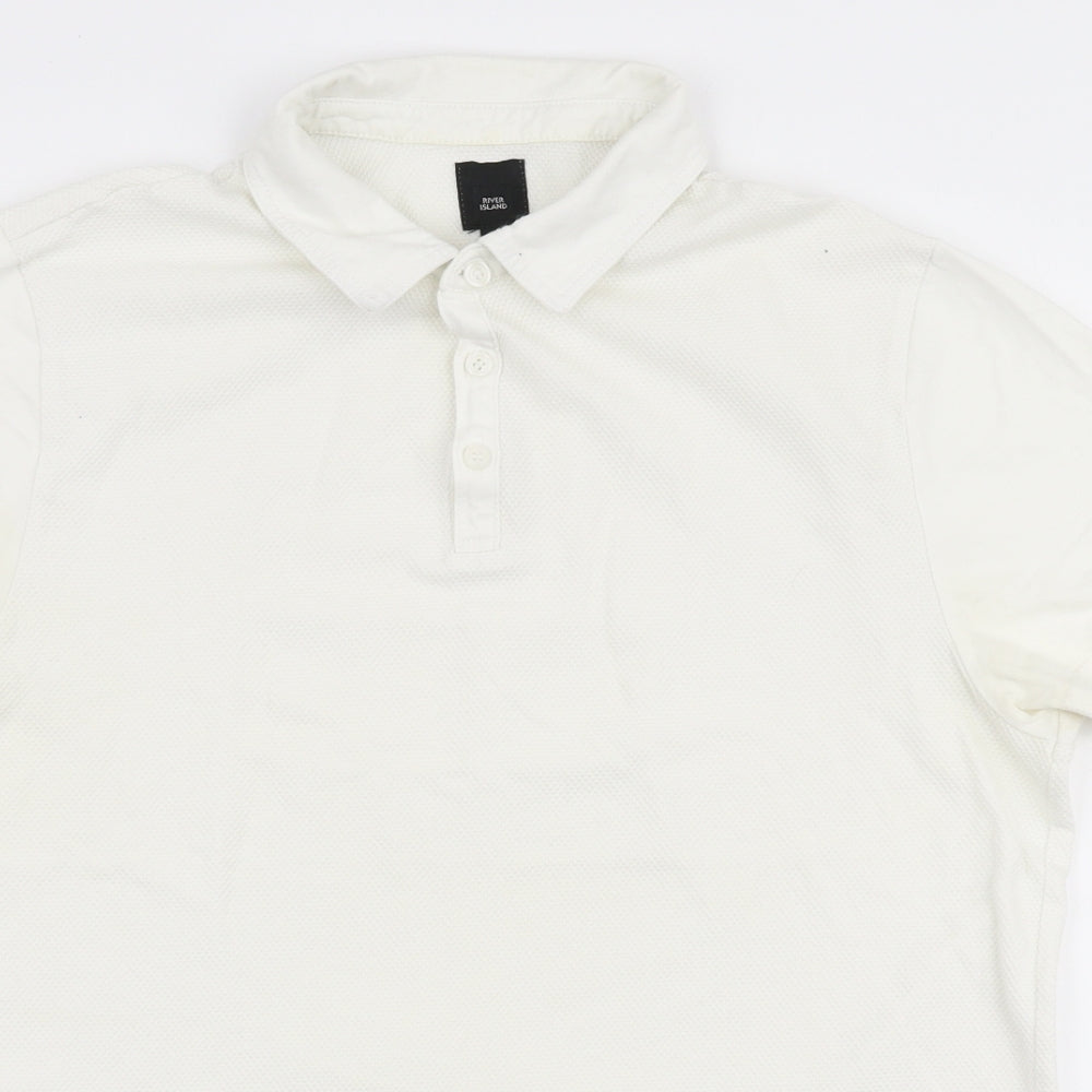 River Island Mens White  100% Cotton  Polo Size M Collared Button