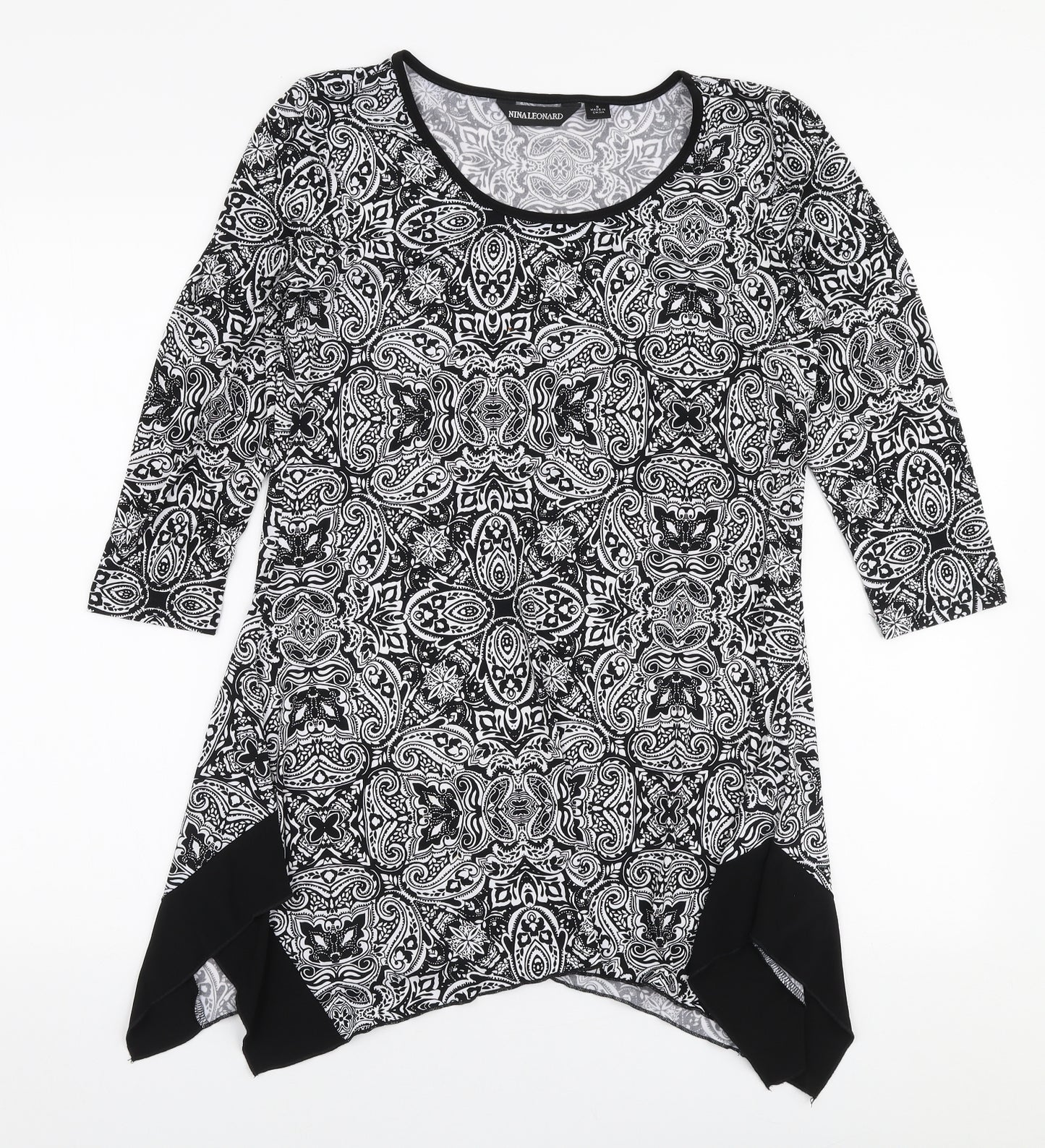Nina Leonard Womens Black Paisley Polyester Basic Blouse Size S Round Neck