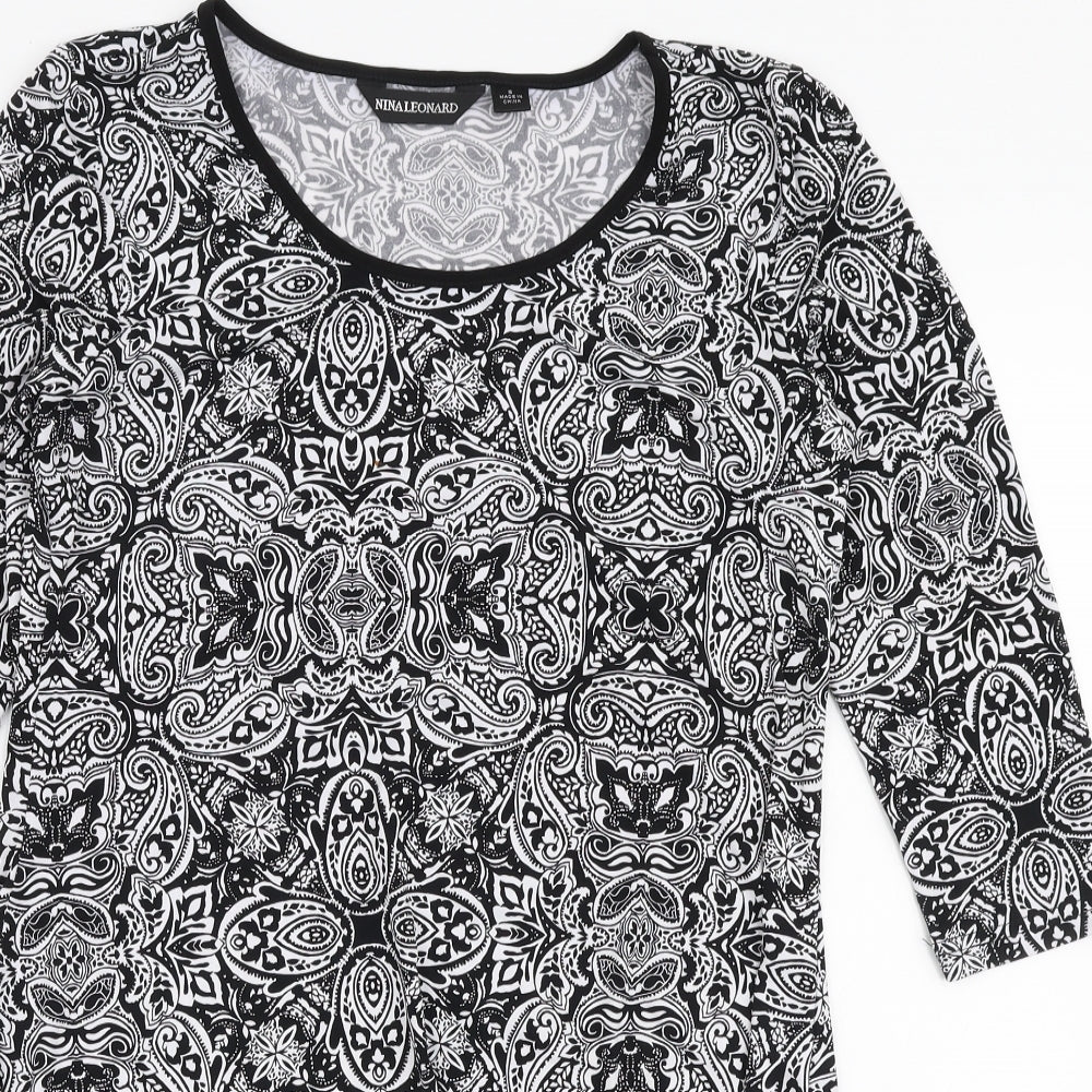 Nina Leonard Womens Black Paisley Polyester Basic Blouse Size S Round Neck