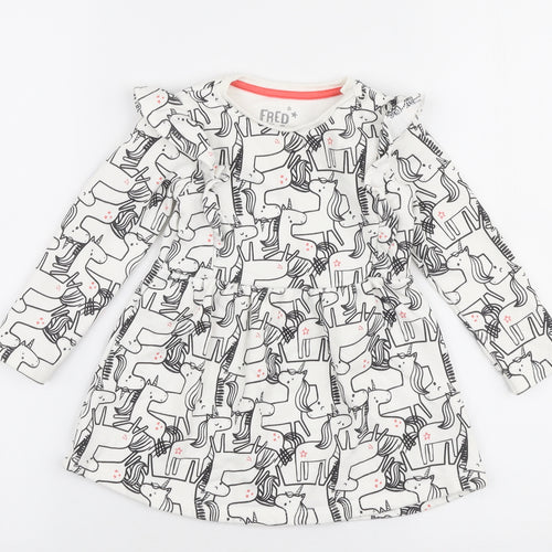 F&F  White  Cotton Skater Dress  Size 12-18 Months  Round Neck Snap - Unicorn