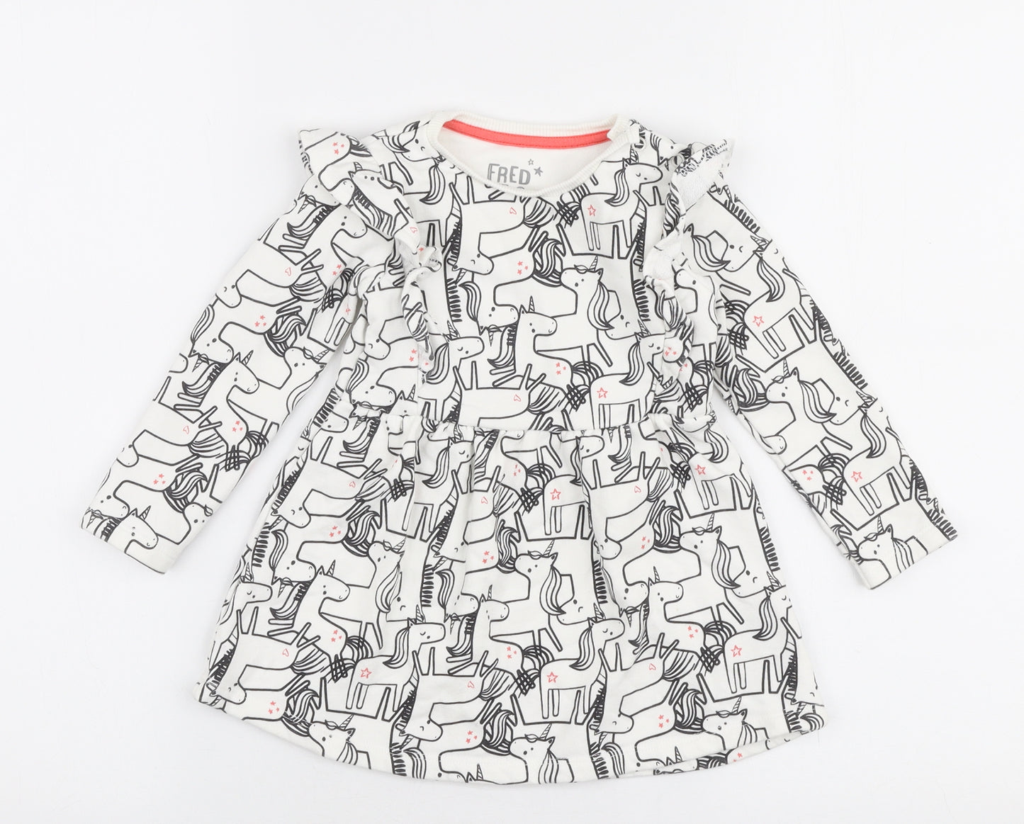 F&F  White  Cotton Skater Dress  Size 12-18 Months  Round Neck Snap - Unicorn