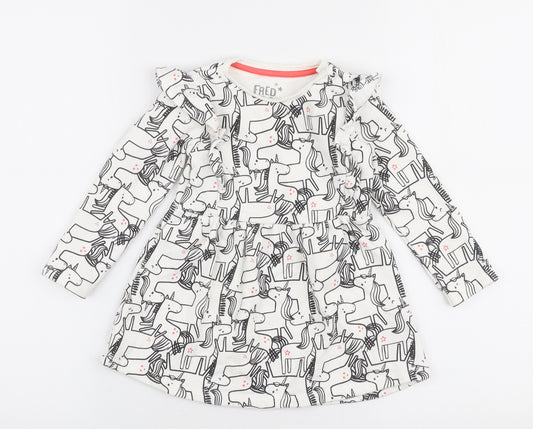 Front view of F&F White Cotton Skater Dress, size 12-18, Months Round Neck Snap - Unicorn