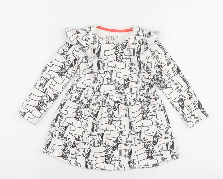 F&F  White  Cotton Skater Dress  Size 12-18 Months  Round Neck Snap - Unicorn