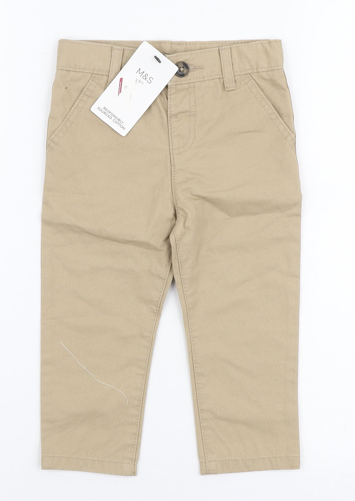 Marks and Spencer Boys Beige  100% Cotton Cargo Trousers Size 18-24 Months  Zip