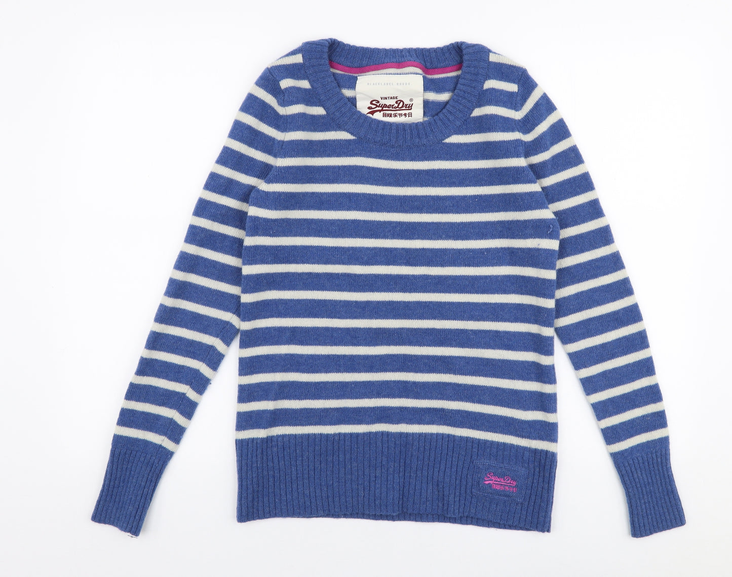 Superdry Womens Blue Round Neck Striped Wool Pullover Jumper Size L