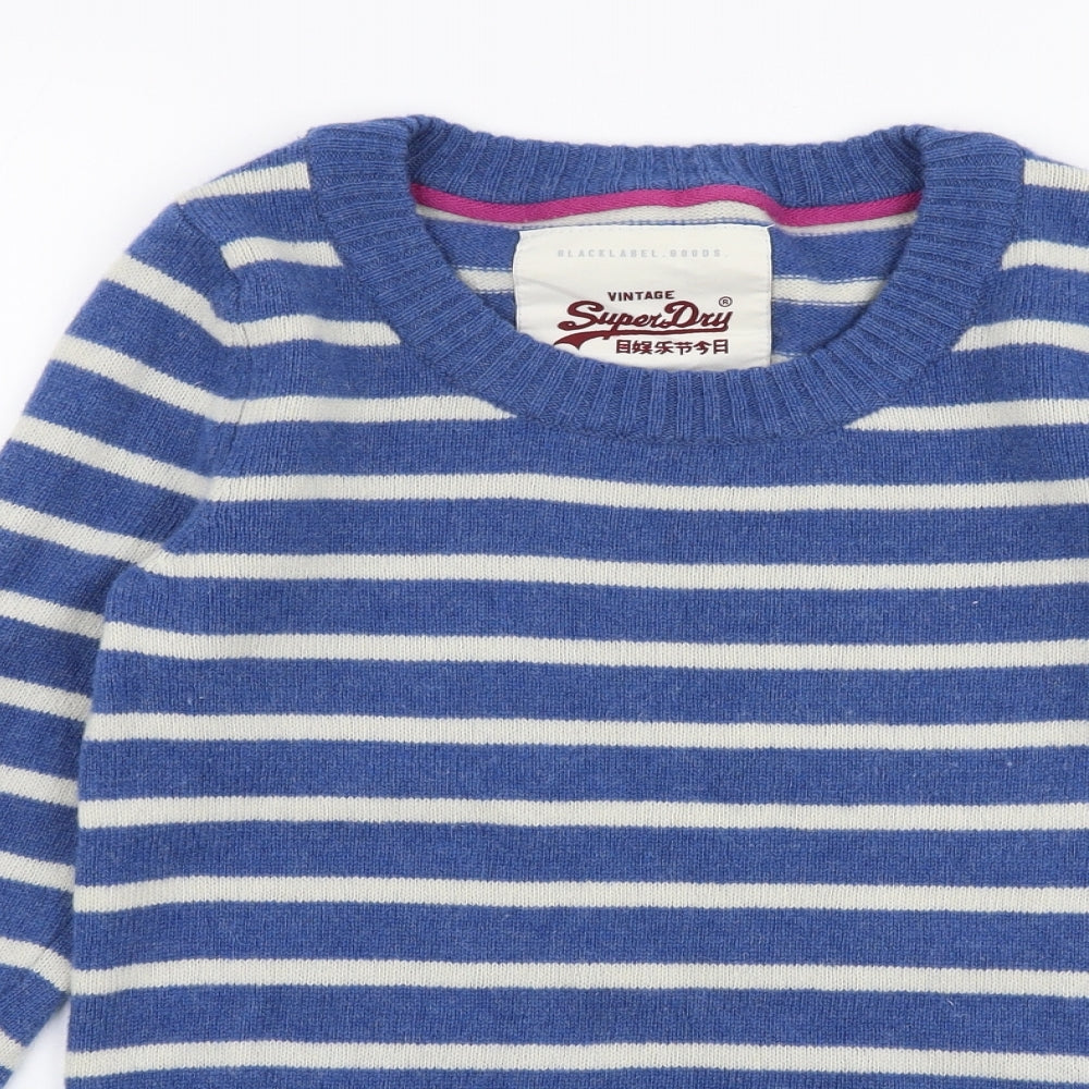 Superdry Womens Blue Round Neck Striped Wool Pullover Jumper Size L