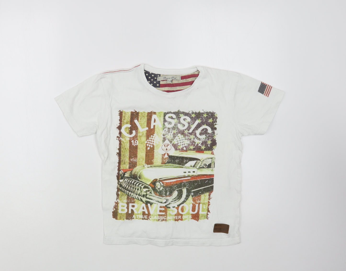 Brave Soul Boys White  Cotton Pullover Polo Size 7-8 Years Crew Neck Pullover - Car