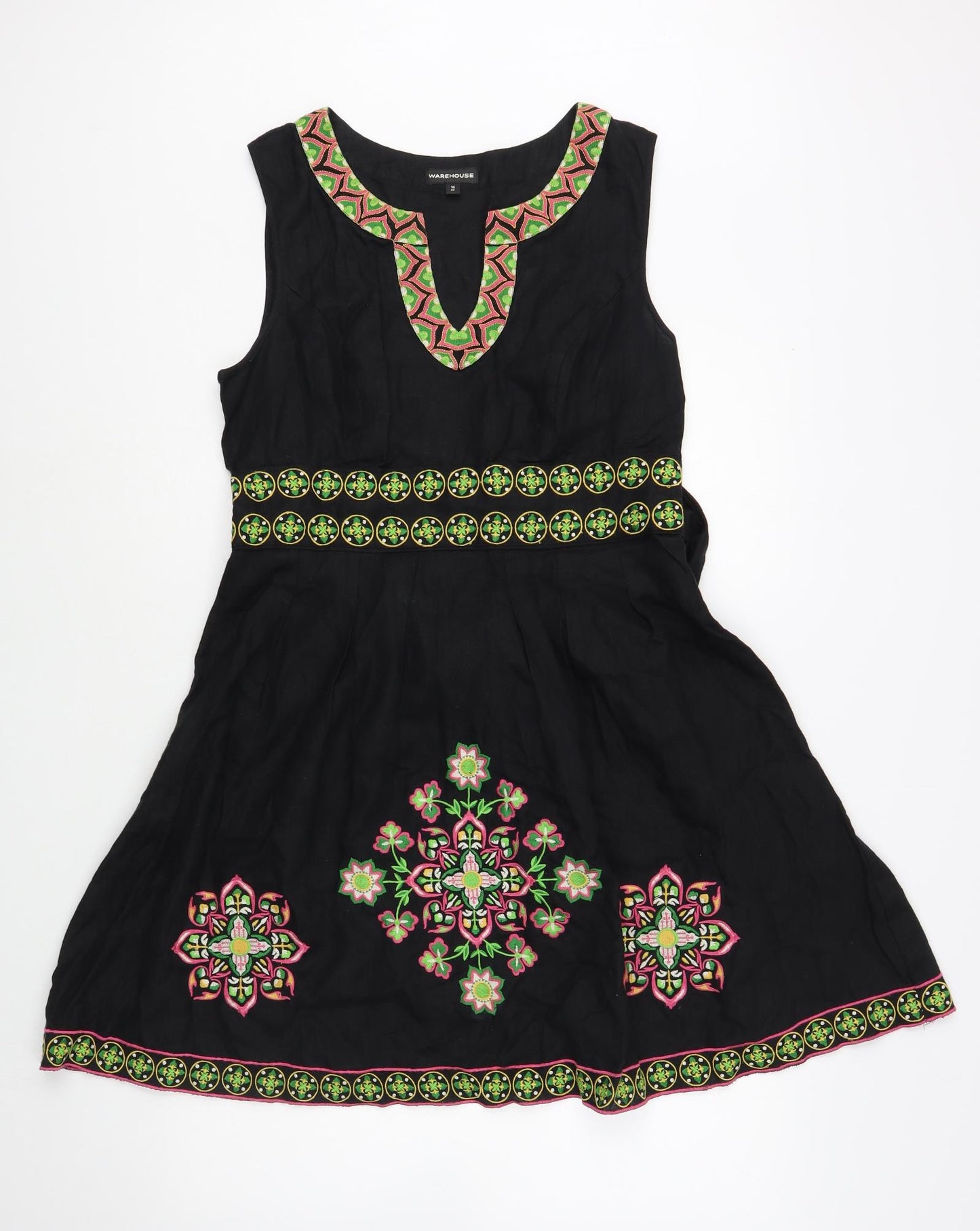 Warehouse Womens Black Floral Linen Fit & Flare  Size 14  V-Neck Zip