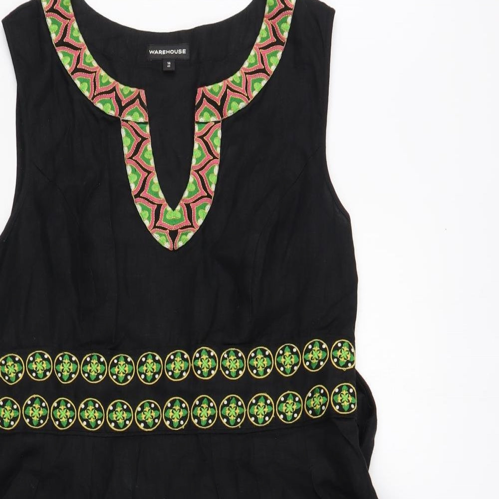 Warehouse Womens Black Floral Linen Fit & Flare  Size 14  V-Neck Zip