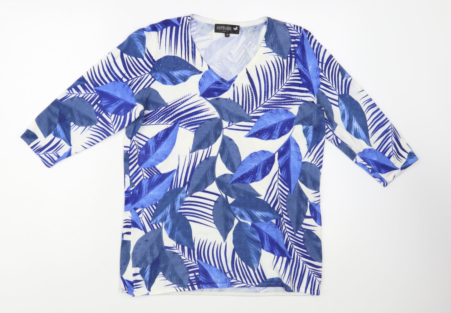 Hepburn Womens Blue V-Neck Floral Viscose Pullover Jumper Size M