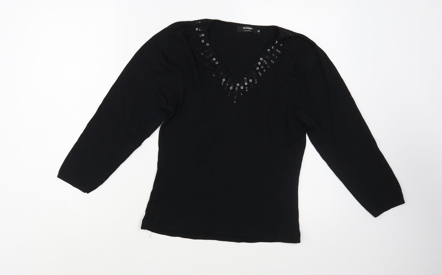 Whisper Womens Black V-Neck  Viscose Pullover Jumper Size M
