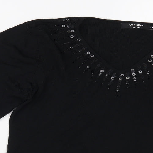 Whisper Womens Black V-Neck  Viscose Pullover Jumper Size M