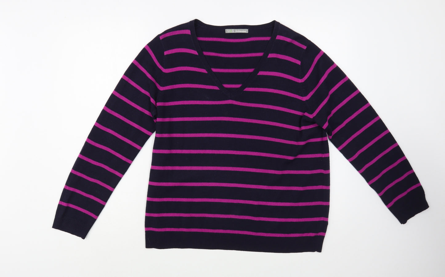 Marks and Spencer Womens Blue V-Neck Striped Acrylic Pullover Jumper Size 16