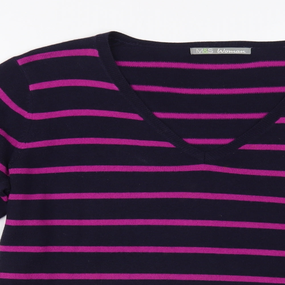 Marks and Spencer Womens Blue V-Neck Striped Acrylic Pullover Jumper Size 16