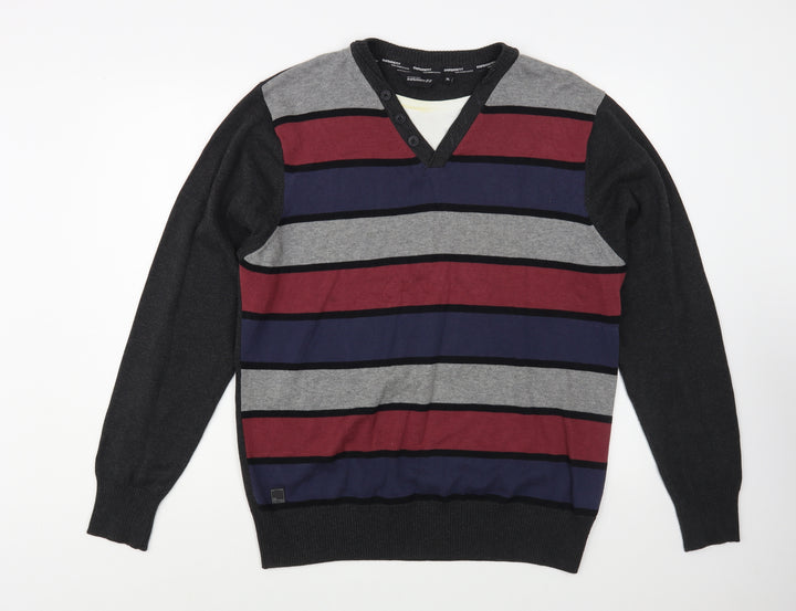 Dissident Mens Grey V-Neck Striped Cotton Pullover Jumper Size XL
