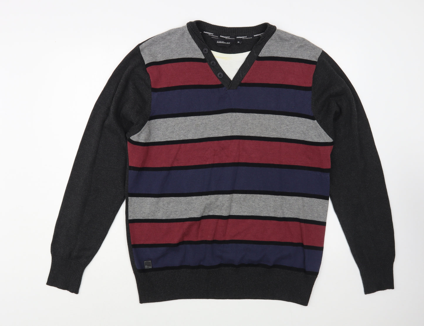 Dissident  Mens Grey V-Neck Striped Cotton Pullover Jumper Size XL