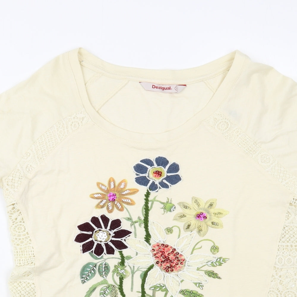 Desigual Womens Beige  Cotton Basic T-Shirt Size S Scoop Neck - Lace Detail