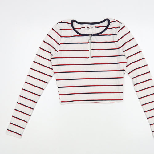 Glamorous Womens White Striped Polyester Basic T-Shirt Size 8 Boat Neck - Cropped