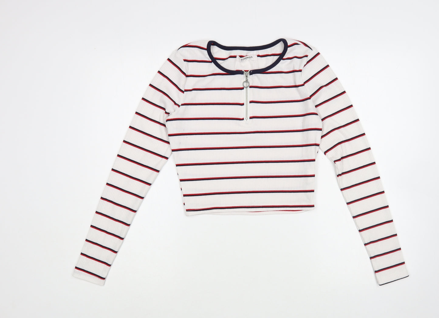 Glamorous Womens White Striped Polyester Basic T-Shirt Size 8 Boat Neck - Cropped