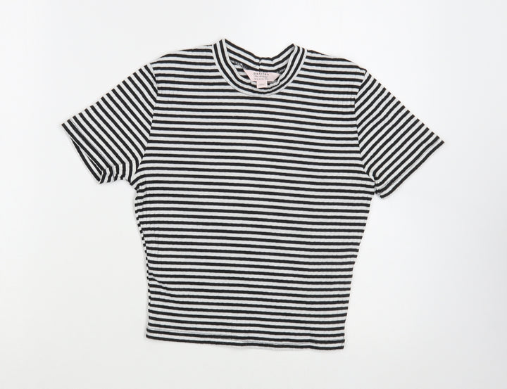 Miss Selfridge Womens White Striped Polyester Cropped Blouse Size 8 Crew Neck