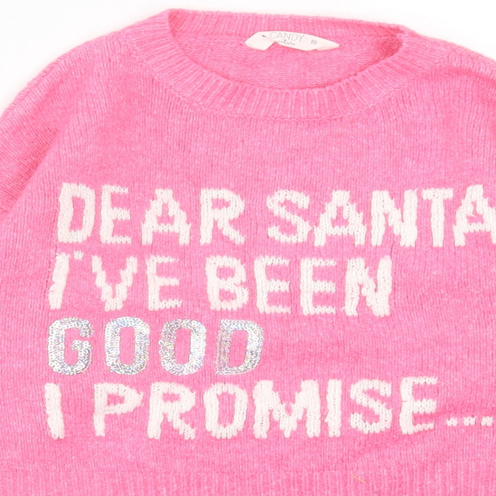 Matalan Girls Pink Crew Neck  Acrylic Pullover Jumper Size 10 Years  Pullover - Christmas