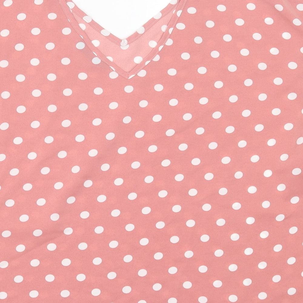 SheIn Womens Pink Polka Dot Polyester Basic T-Shirt Size XL V-Neck