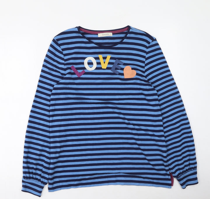 Oasis Womens Blue Striped Viscose Basic T-Shirt Size S Round Neck