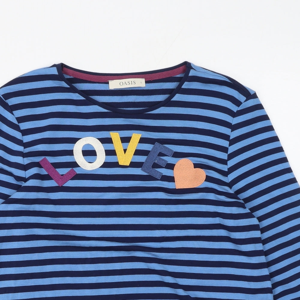 Oasis Womens Blue Striped Viscose Basic T-Shirt Size S Round Neck